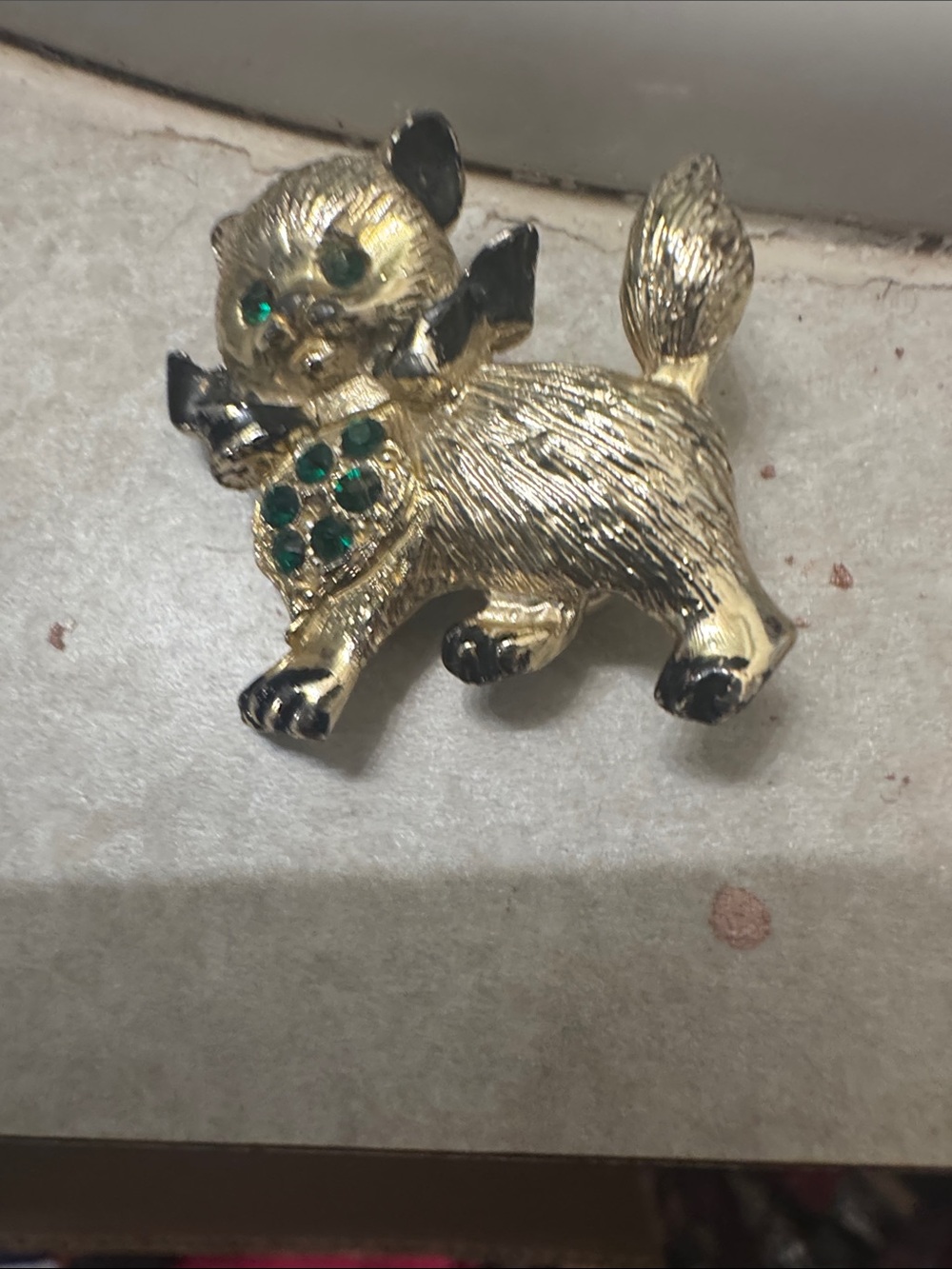 Gold Cat Brooch with Black Details and Green Gem Accents vintage